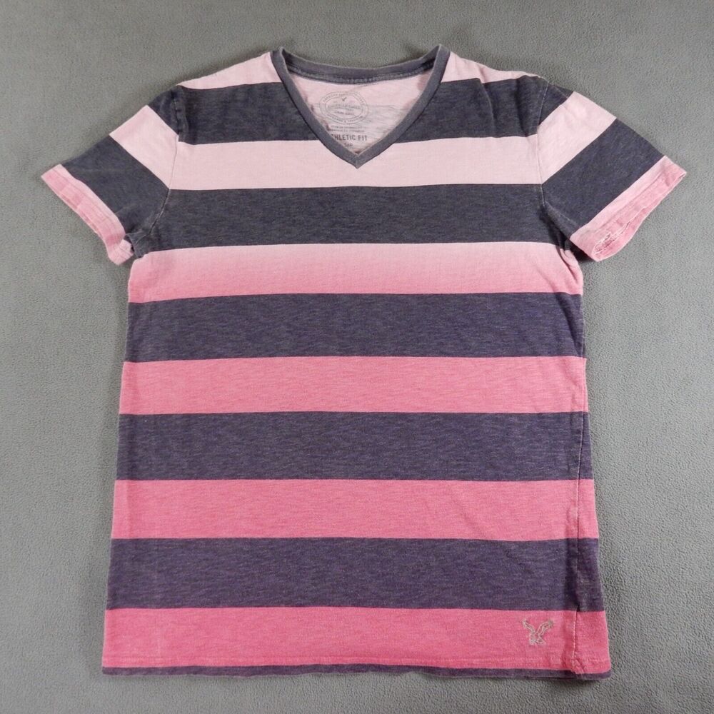 American Eagle Womens Shirt Small Pink Blue Stripe VNeck Dip Dye Fade Athletic